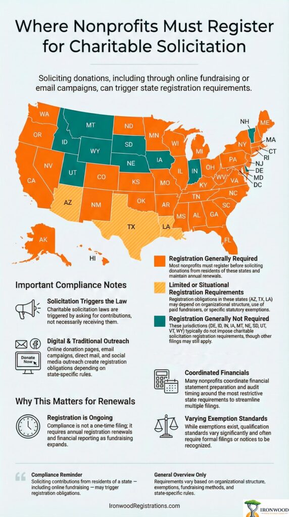 Map of U.S. states showing where charitable solicitation registration is generally required for nonprofits